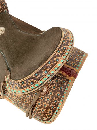 13" Double T Barrel Style Saddle with Teal Flower and Buckstitch Accents #2